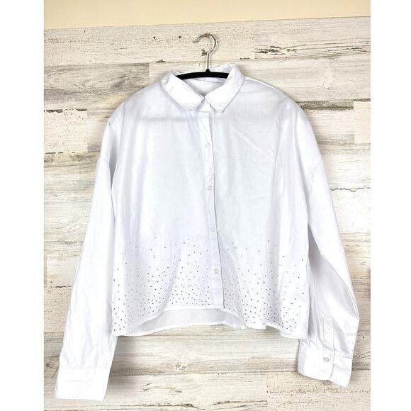 Rebecca Minkoff Women's M White Silver Studded Cropped Button Up Shirt Blouse - Picture 1 of 7